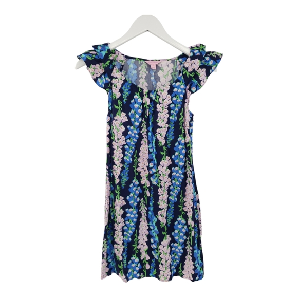 Lilly Pulitzer Size XS Blue Floral Dress with Belt 100% Rayon Ruffled Sleeve - Picture 6 of 10
